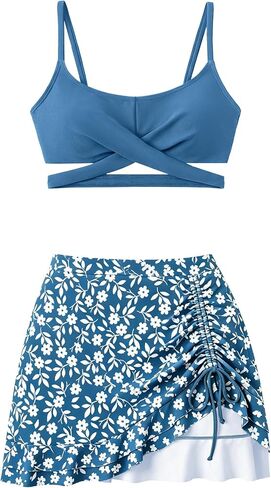 Girls Swimsuit with Skirt Twist Cross Bikini Set 2 Piece Bathing Suit Adjustable Straps Girls' Swimwear 7-16Years in Saudi Arabia
