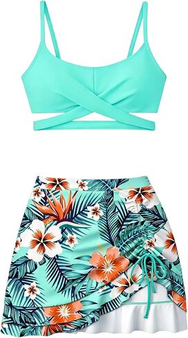 Girls Swimsuit with Skirt Twist Cross Bikini Set 2 Piece Bathing Suit Adjustable Straps Girls' Swimwear 7-16Years in Saudi Arabia