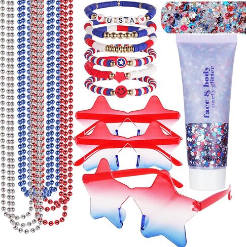 Go Ho Red White and Blue Face Body Glitter Gel,9 PCS Necklaces Beads Bulk,3 Pair Star Sunglasses and 6 PCS Handmade Jewelry Bracelets Set for USA Pride Patriotic Makeup,4th of July Outfits for Women in Saudi Arabia