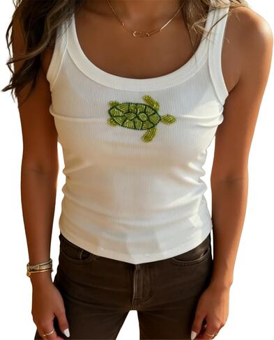 Beaded Grunge Tank Tops Y2k Sleeveless Crop Top Cute Women Whimsy Twee Flower Graphic Baby Tee Emo 2000s Streetwear in Kuwait