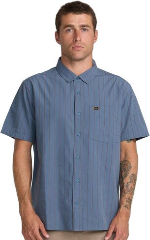 قميص RVCA Dayshift Workwear مخطط للرجال بأكمام قصيرة وأزرار سفلية - أزرق داكن عتيق in Kuwait