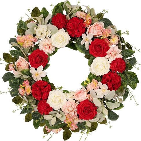 22 Inch Rose Hydrangea Wreath for Front Door, Spring Summer Floral with Red White Pink Roses, Dahlias, Lamb's Ear and Eucalyptus on Grapevine Base for Indoor Outdoor Porch Wedding Decor in Saudi Arabia