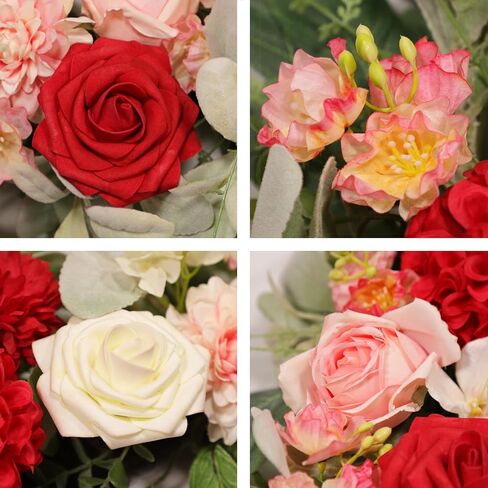 22 Inch Rose Hydrangea Wreath for Front Door, Spring Summer Floral with Red White Pink Roses, Dahlias, Lamb's Ear and Eucalyptus on Grapevine Base for Indoor Outdoor Porch Wedding Decor in Saudi Arabia
