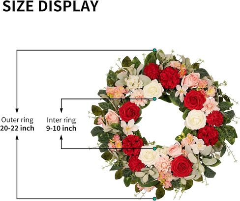 22 Inch Rose Hydrangea Wreath for Front Door, Spring Summer Floral with Red White Pink Roses, Dahlias, Lamb's Ear and Eucalyptus on Grapevine Base for Indoor Outdoor Porch Wedding Decor in Saudi Arabia