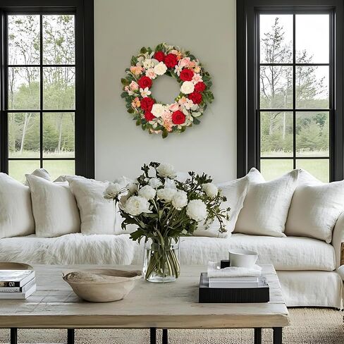 22 Inch Rose Hydrangea Wreath for Front Door, Spring Summer Floral with Red White Pink Roses, Dahlias, Lamb's Ear and Eucalyptus on Grapevine Base for Indoor Outdoor Porch Wedding Decor in Saudi Arabia
