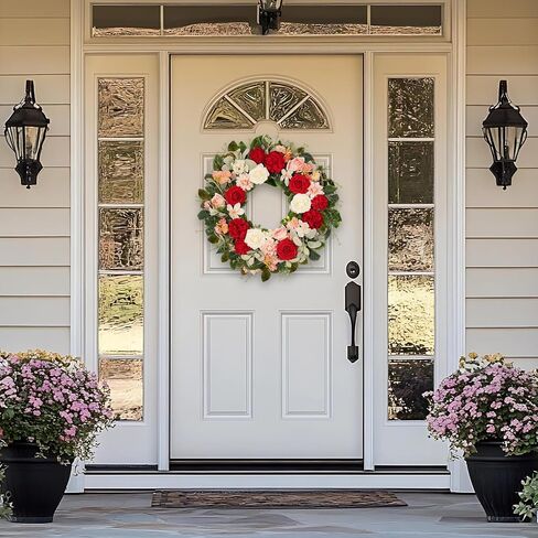22 Inch Rose Hydrangea Wreath for Front Door, Spring Summer Floral with Red White Pink Roses, Dahlias, Lamb's Ear and Eucalyptus on Grapevine Base for Indoor Outdoor Porch Wedding Decor in Saudi Arabia