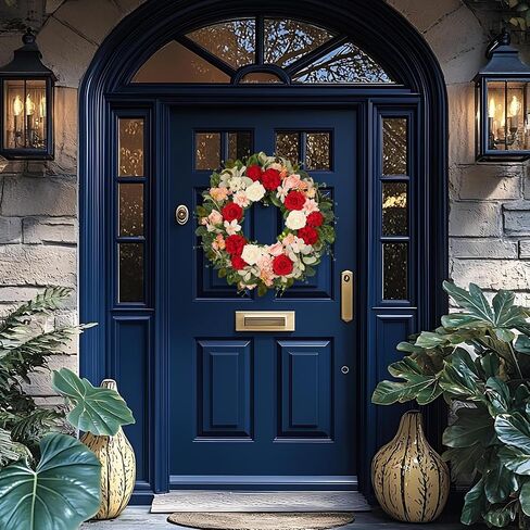 22 Inch Rose Hydrangea Wreath for Front Door, Spring Summer Floral with Red White Pink Roses, Dahlias, Lamb's Ear and Eucalyptus on Grapevine Base for Indoor Outdoor Porch Wedding Decor in Saudi Arabia