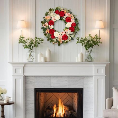 22 Inch Rose Hydrangea Wreath for Front Door, Spring Summer Floral with Red White Pink Roses, Dahlias, Lamb's Ear and Eucalyptus on Grapevine Base for Indoor Outdoor Porch Wedding Decor in Saudi Arabia