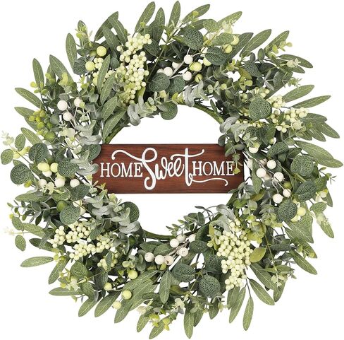 Artificial Eucalyptus Wreaths for Front Door, Spring Summer Wreath with Welcome Home Sign, Olives Leaves, Mixed Berries for Indoor Outdoor Farmhouse Porch Wall Window Festival Décor 20 Inch in Saudi Arabia