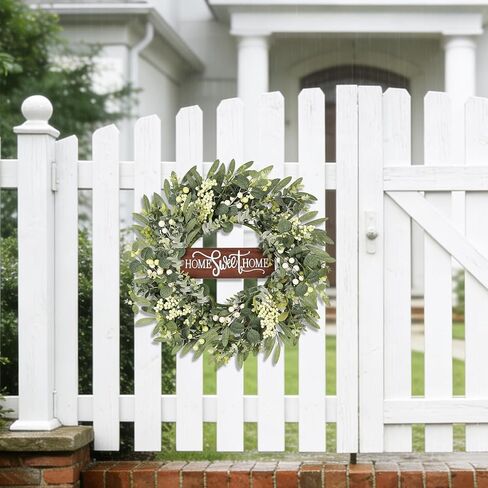 Artificial Eucalyptus Wreaths for Front Door, Spring Summer Wreath with Welcome Home Sign, Olives Leaves, Mixed Berries for Indoor Outdoor Farmhouse Porch Wall Window Festival Décor 20 Inch in Saudi Arabia