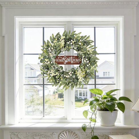 Artificial Eucalyptus Wreaths for Front Door, Spring Summer Wreath with Welcome Home Sign, Olives Leaves, Mixed Berries for Indoor Outdoor Farmhouse Porch Wall Window Festival Décor 20 Inch in Saudi Arabia