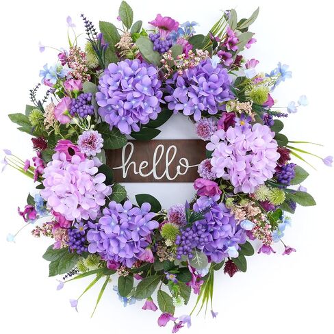 24" Spring Summer Wreaths Front Door with Hello Sign,Purple Hydrangea Wreath with Wildflowers Greenery Leaves,Eucalyptus Wreath for Front Door,Porch,Farmhouse,Wall,Window Outdoor Decor in Saudi Arabia