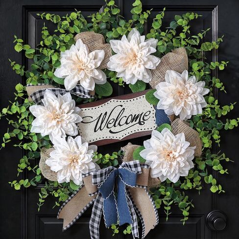 Artificial Flowers and Eucalyptus Wreath for Front Door – 24" Fake Dahlia Faux Eucalyptus with Blessed Sign, UV Resistant Greenery Plant Wreath for Home Wall Fireplace Farmhouse Decor in Saudi Arabia
