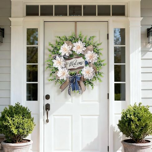 Artificial Flowers and Eucalyptus Wreath for Front Door – 24" Fake Dahlia Faux Eucalyptus with Blessed Sign, UV Resistant Greenery Plant Wreath for Home Wall Fireplace Farmhouse Decor in Saudi Arabia