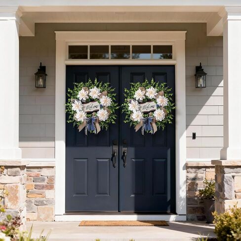 Artificial Flowers and Eucalyptus Wreath for Front Door – 24" Fake Dahlia Faux Eucalyptus with Blessed Sign, UV Resistant Greenery Plant Wreath for Home Wall Fireplace Farmhouse Decor in Saudi Arabia