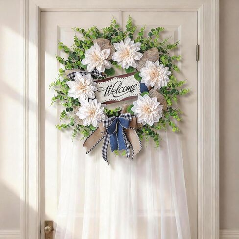 Artificial Flowers and Eucalyptus Wreath for Front Door – 24" Fake Dahlia Faux Eucalyptus with Blessed Sign, UV Resistant Greenery Plant Wreath for Home Wall Fireplace Farmhouse Decor in Saudi Arabia