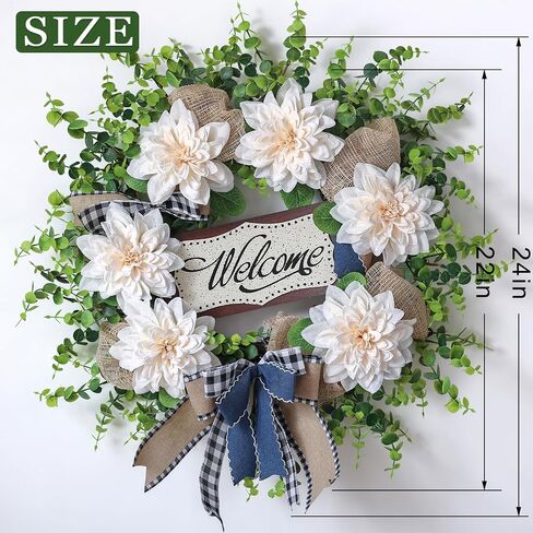 Artificial Flowers and Eucalyptus Wreath for Front Door – 24" Fake Dahlia Faux Eucalyptus with Blessed Sign, UV Resistant Greenery Plant Wreath for Home Wall Fireplace Farmhouse Decor in Saudi Arabia