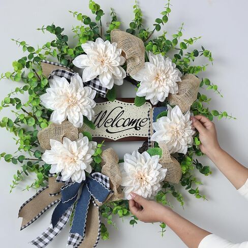 Artificial Flowers and Eucalyptus Wreath for Front Door – 24" Fake Dahlia Faux Eucalyptus with Blessed Sign, UV Resistant Greenery Plant Wreath for Home Wall Fireplace Farmhouse Decor in Saudi Arabia