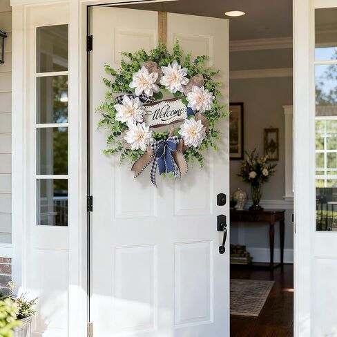 Artificial Flowers and Eucalyptus Wreath for Front Door – 24" Fake Dahlia Faux Eucalyptus with Blessed Sign, UV Resistant Greenery Plant Wreath for Home Wall Fireplace Farmhouse Decor in Saudi Arabia