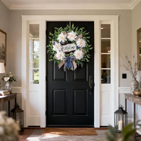 Artificial Flowers and Eucalyptus Wreath for Front Door – 24" Fake Dahlia Faux Eucalyptus with Blessed Sign, UV Resistant Greenery Plant Wreath for Home Wall Fireplace Farmhouse Decor in Saudi Arabia