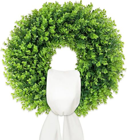 22 Inch Artificial Boxwood Wreath for Front Door - Folding Spring Summer Greenery Wreath with Sash, All Year Round Indoor Outdoor Decor for Farmhouse, Wedding, St Patrick's Day (Green) in Saudi Arabia