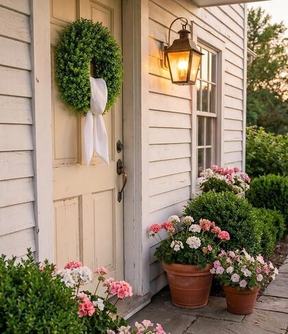 22 Inch Artificial Boxwood Wreath for Front Door - Folding Spring Summer Greenery Wreath with Sash, All Year Round Indoor Outdoor Decor for Farmhouse, Wedding, St Patrick's Day (Green) in Saudi Arabia