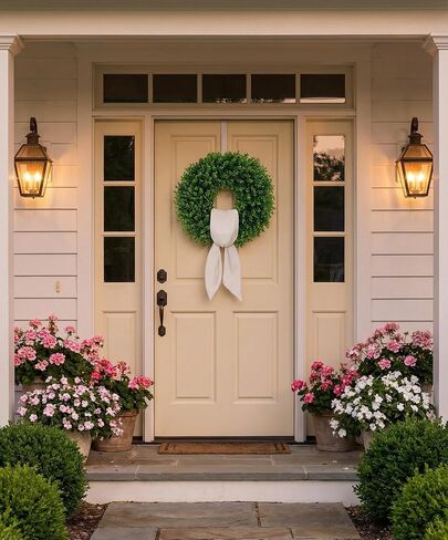 22 Inch Artificial Boxwood Wreath for Front Door - Folding Spring Summer Greenery Wreath with Sash, All Year Round Indoor Outdoor Decor for Farmhouse, Wedding, St Patrick's Day (Green) in Saudi Arabia