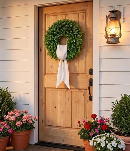 22 Inch Artificial Boxwood Wreath for Front Door - Folding Spring Summer Greenery Wreath with Sash, All Year Round Indoor Outdoor Decor for Farmhouse, Wedding, St Patrick's Day (Green) in Saudi Arabia