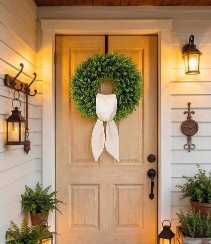 22 Inch Artificial Boxwood Wreath for Front Door - Folding Spring Summer Greenery Wreath with Sash, All Year Round Indoor Outdoor Decor for Farmhouse, Wedding, St Patrick's Day (Green) in Saudi Arabia