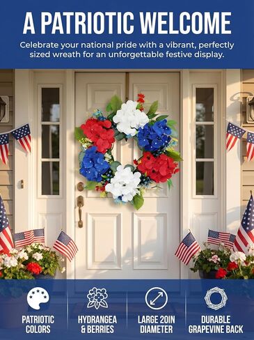 4th of July Wreath 20 Inch Patriotic Wreaths for Front Door, Artificial Red White and Blue Wreath for Independence Memorial Day Decorations in Saudi Arabia