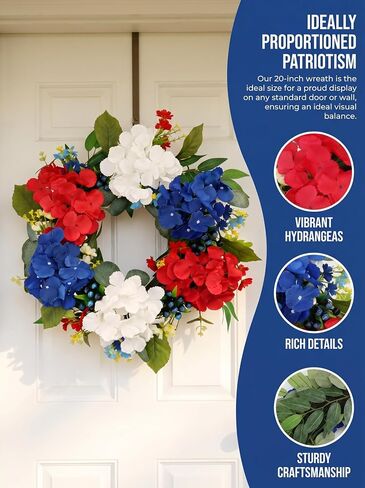 4th of July Wreath 20 Inch Patriotic Wreaths for Front Door, Artificial Red White and Blue Wreath for Independence Memorial Day Decorations in Saudi Arabia
