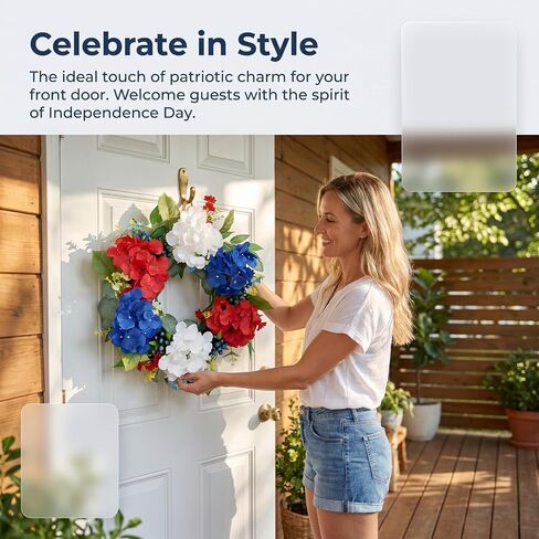 4th of July Wreath 20 Inch Patriotic Wreaths for Front Door, Artificial Red White and Blue Wreath for Independence Memorial Day Decorations in Saudi Arabia