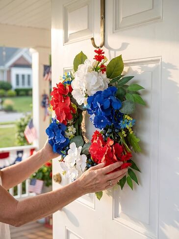4th of July Wreath 20 Inch Patriotic Wreaths for Front Door, Artificial Red White and Blue Wreath for Independence Memorial Day Decorations in Saudi Arabia