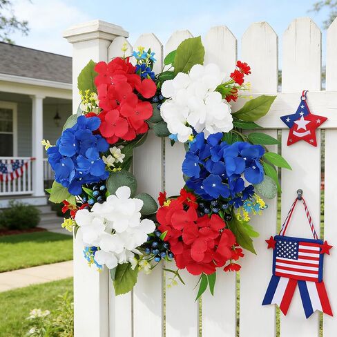 4th of July Wreath 20 Inch Patriotic Wreaths for Front Door, Artificial Red White and Blue Wreath for Independence Memorial Day Decorations in Saudi Arabia