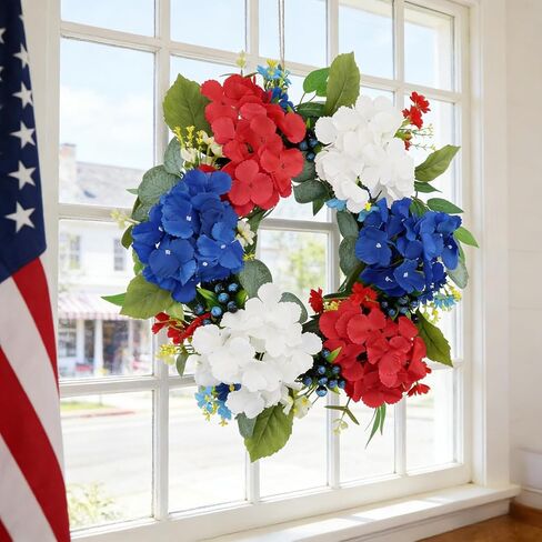 4th of July Wreath 20 Inch Patriotic Wreaths for Front Door, Artificial Red White and Blue Wreath for Independence Memorial Day Decorations in Saudi Arabia