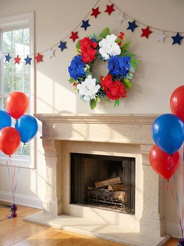 4th of July Wreath 20 Inch Patriotic Wreaths for Front Door, Artificial Red White and Blue Wreath for Independence Memorial Day Decorations in Saudi Arabia