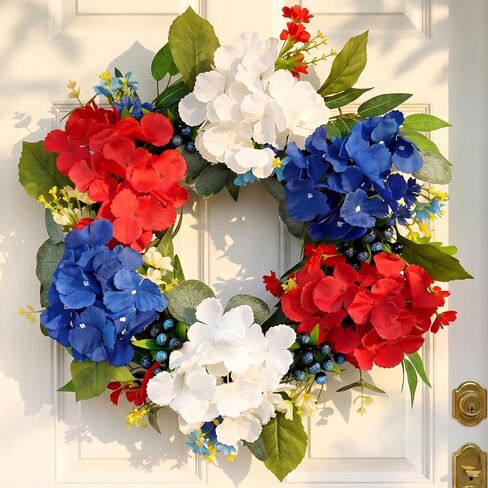 4th of July Wreath 20 Inch Patriotic Wreaths for Front Door, Artificial Red White and Blue Wreath for Independence Memorial Day Decorations in Saudi Arabia