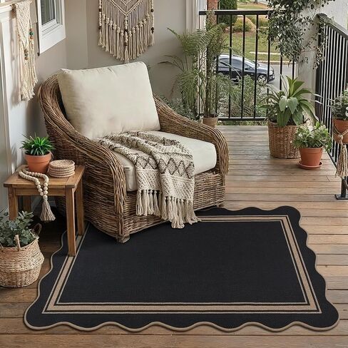 Easy Jute 3x5 Outdoor Rug Washable Non Slip Rug for Entryway Indoor Outdoor Farmhouse Neutral Scalloped Carpet for Backyard Patio Proch Living Room in Saudi Arabia