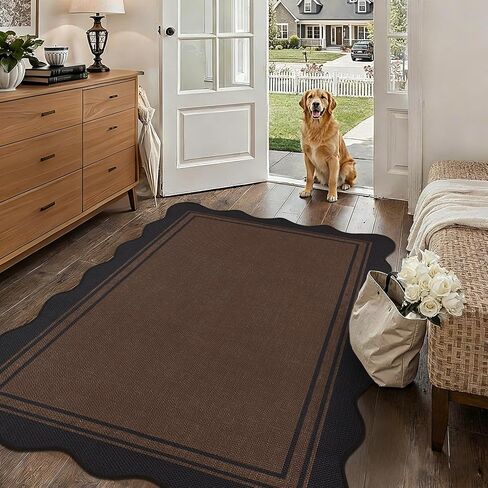 Easy Jute 3x5 Outdoor Rug Washable Non Slip Rug for Entryway Indoor Outdoor Farmhouse Neutral Scalloped Carpet for Backyard Patio Proch Living Room in Saudi Arabia