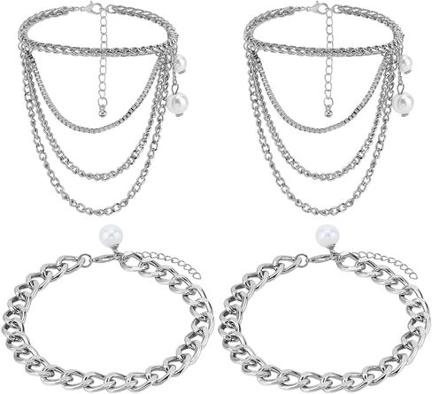 PH PandaHall 4pcs Multi-Layered Tassel Anklet 2 Styles High Heel Anklet Chains Punk Foot Chain Pearl Cable Chain Anklets for Women Shoes Wedding Party Jewelry Accessories, 7-9 Inch in Kuwait