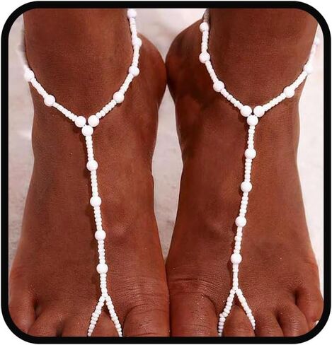 2Pcs Beaded Barefoot Sandals for Women Wedding Foot Chain Beach Elastic Anklet Jewelry in Kuwait