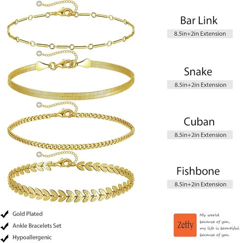 Zeffy Gold Ankle Bracelets for Women, 14k Gold Anklets Waterproof Layered Adjustable Anklet Bracelets Cuban Link Snake Chain Anklets Set Summer Beach Foot Jewelry Gift in Saudi Arabia