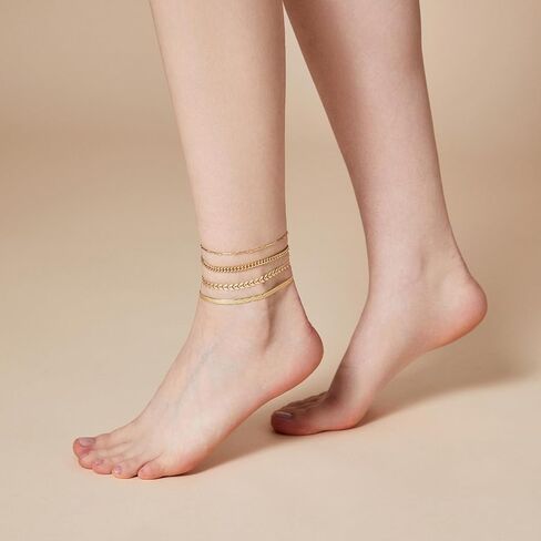 Zeffy Gold Ankle Bracelets for Women, 14k Gold Anklets Waterproof Layered Adjustable Anklet Bracelets Cuban Link Snake Chain Anklets Set Summer Beach Foot Jewelry Gift in Saudi Arabia