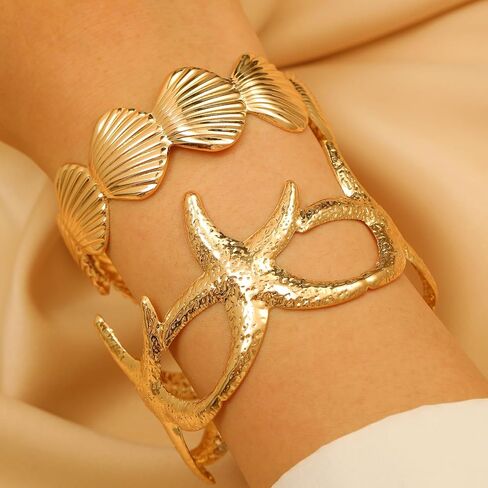 MXUHUI Wide Cuff Bracelets for Women Boho Vintage Statement Starfish Open Bangle Bracelet Irregular Summer Beach Shell Sea Coral Bracelets in Saudi Arabia