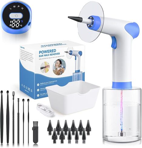 Ear Wax Removal, Electric Ear Cleaning Kit with Light, Ear Irrigation Kit with 4 Pressure Modes, Safe and Effective Ear Flush Kit with Ear Cleaner - Includes Basin, Towel & 12 Tips, (White) in Saudi Arabia