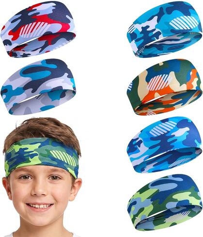 6 Pcs Kids Sports Sweatbands Ages 4-10 Boys Girls Breathable Sweat Wicking Elastic Non Slip Athletic Headbands Comfortable Sports Hairbands for Football Soccer Basketball Baseball Running Workout Gym in Kuwait