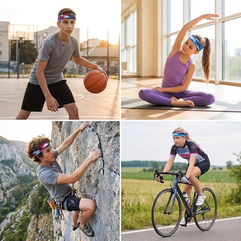 6 Pcs Kids Sports Sweatbands Ages 4-10 Boys Girls Breathable Sweat Wicking Elastic Non Slip Athletic Headbands Comfortable Sports Hairbands for Football Soccer Basketball Baseball Running Workout Gym in Kuwait