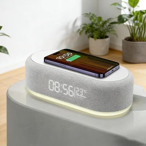 Multifunctional Desktop Bedroom Night Light with LED Digital Alarm Clock Indoor Thermometer 15W Fast Wireless Charging Pad Phone Charger Stand for iPhone Samsung Android Smartphones (White) in Kuwait