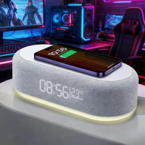 Multifunctional Desktop Bedroom Night Light with LED Digital Alarm Clock Indoor Thermometer 15W Fast Wireless Charging Pad Phone Charger Stand for iPhone Samsung Android Smartphones (White) in Kuwait