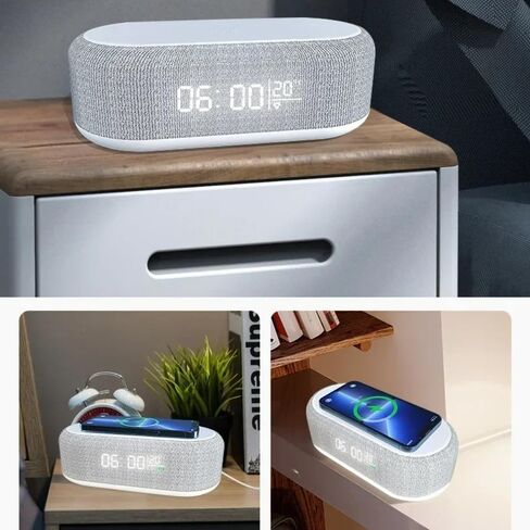 Multifunctional Desktop Bedroom Night Light with LED Digital Alarm Clock Indoor Thermometer 15W Fast Wireless Charging Pad Phone Charger Stand for iPhone Samsung Android Smartphones (White) in Kuwait